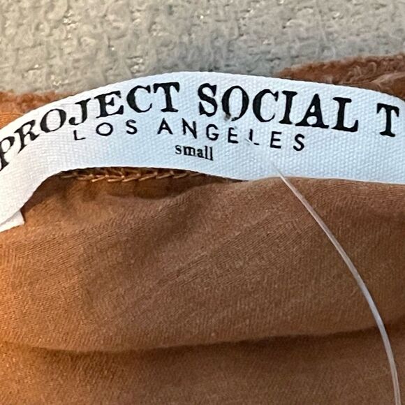 Project Social T Noelle Silk Top Cinnamon Brown V-Neck Short Sleeve Raw Edge S - Picture 5 of 7